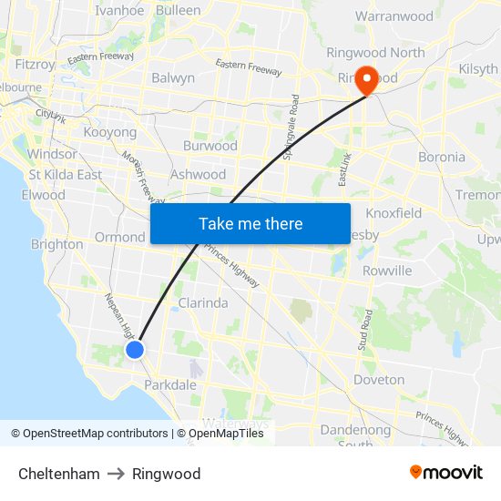 Cheltenham to Ringwood map