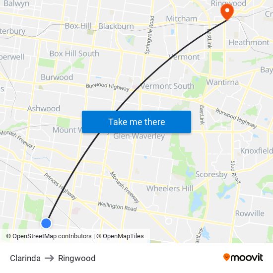 Clarinda to Ringwood map