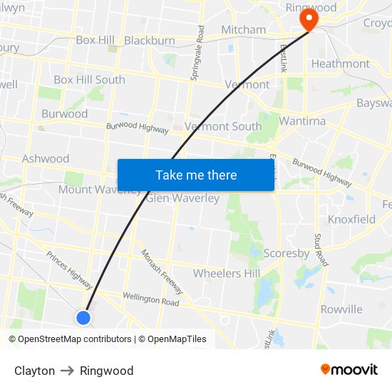 Clayton to Ringwood map