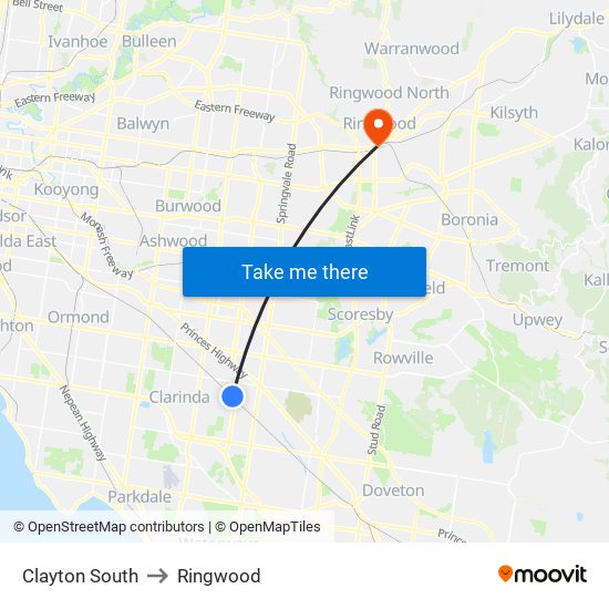 Clayton South to Ringwood map