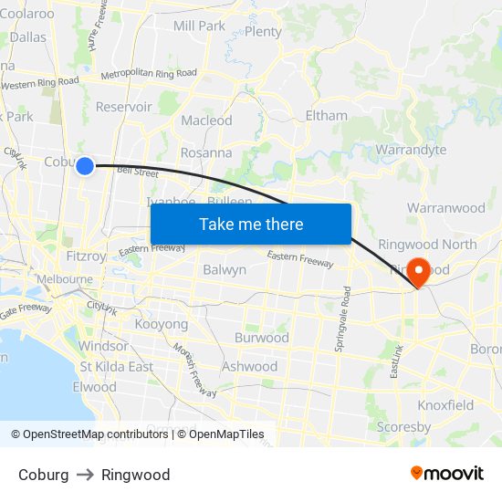 Coburg to Ringwood map