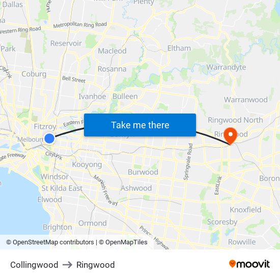 Collingwood to Ringwood map