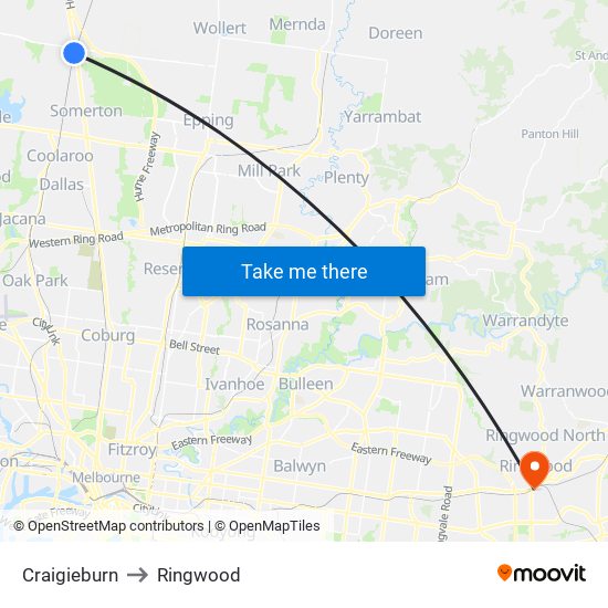 Craigieburn to Ringwood map