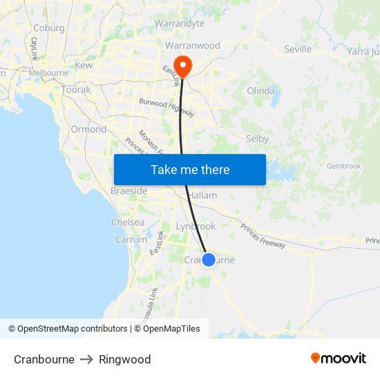 Cranbourne to Ringwood map