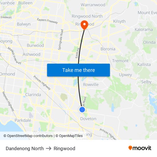 Dandenong North to Ringwood map