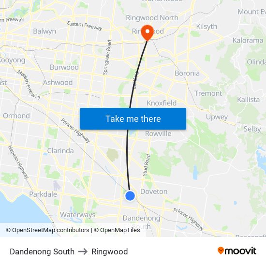Dandenong South to Ringwood map