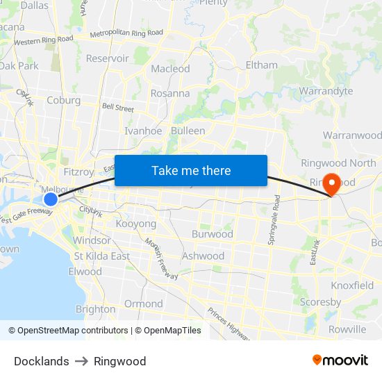 Docklands to Ringwood map