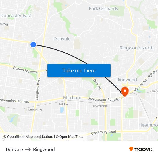 Donvale to Ringwood map