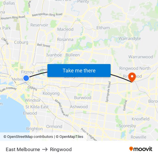 East Melbourne to Ringwood map