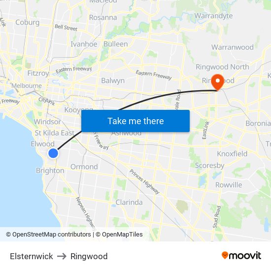 Elsternwick to Ringwood map