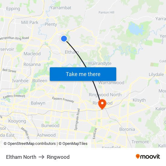 Eltham North to Ringwood map