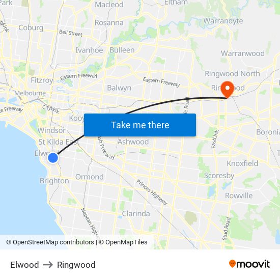 Elwood to Ringwood map