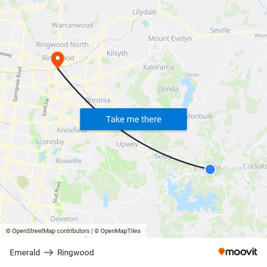 Emerald to Ringwood map