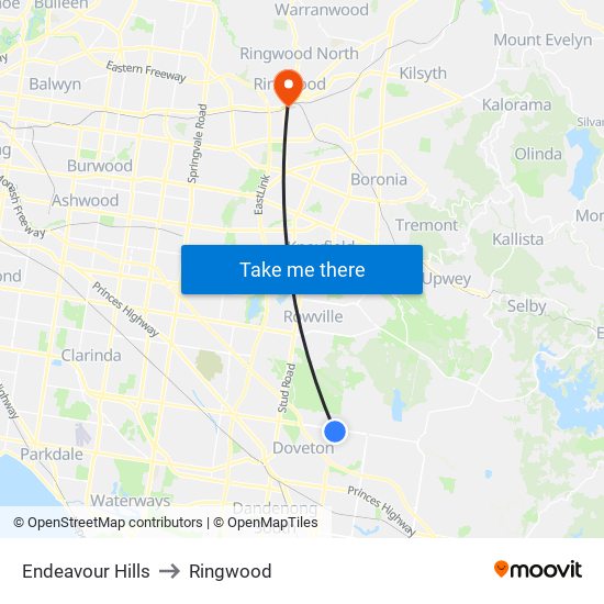 Endeavour Hills to Ringwood map