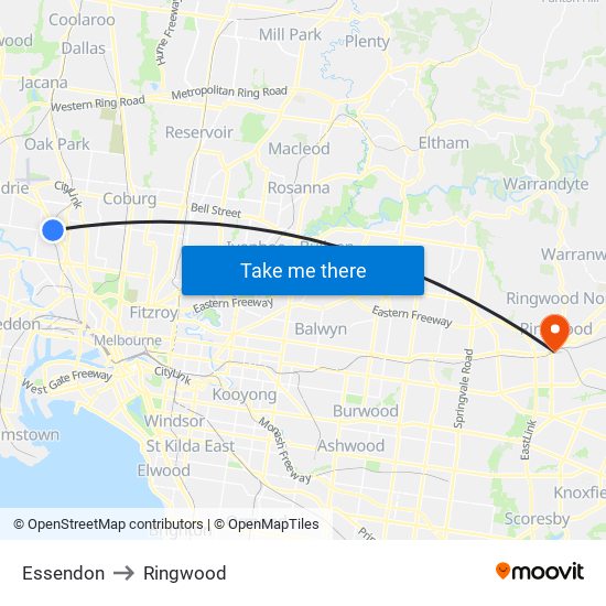 Essendon to Ringwood map