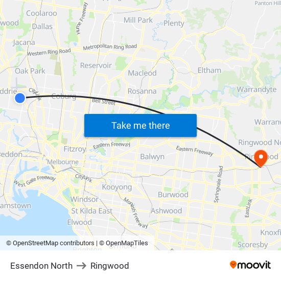 Essendon North to Ringwood map