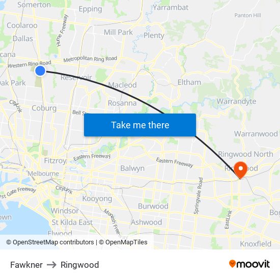 Fawkner to Ringwood map