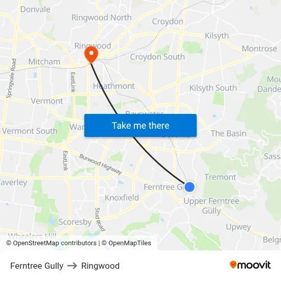 Ferntree Gully to Ringwood map
