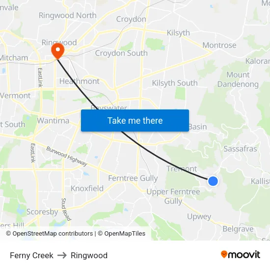 Ferny Creek to Ringwood map