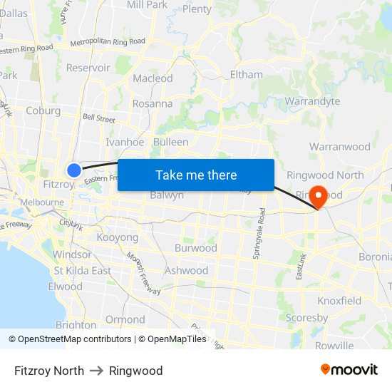 Fitzroy North to Ringwood map