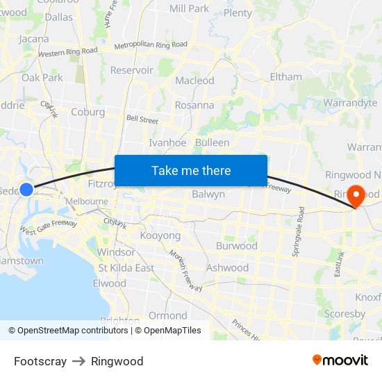 Footscray to Ringwood map