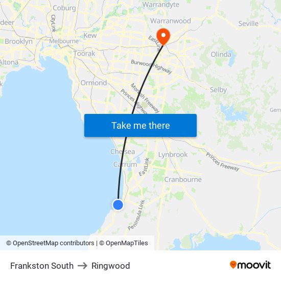 Frankston South to Ringwood map