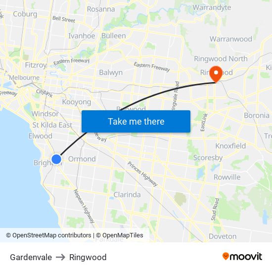 Gardenvale to Ringwood map