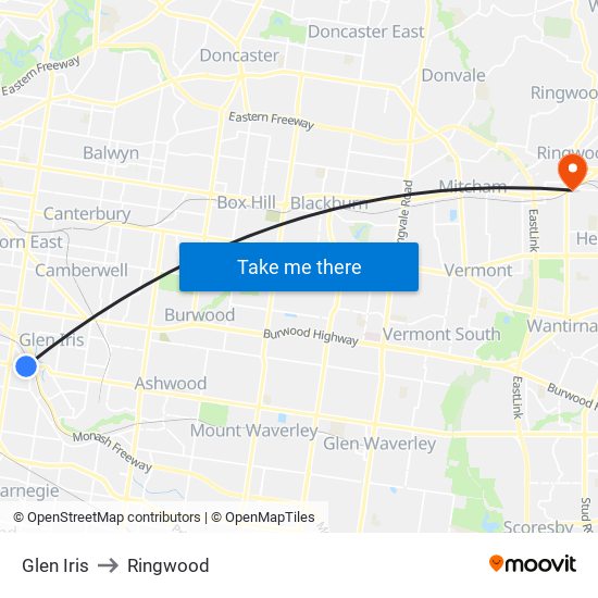 Glen Iris to Ringwood map