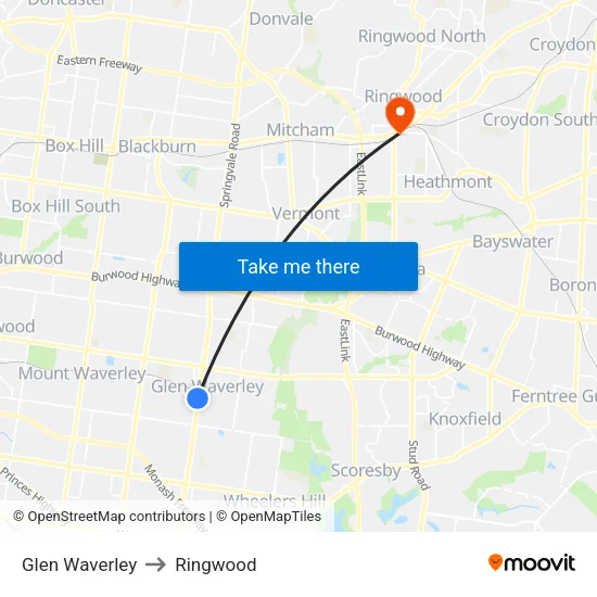 Glen Waverley to Ringwood map
