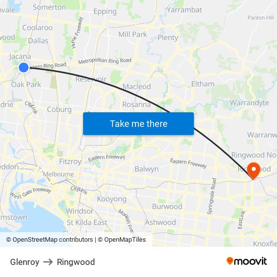 Glenroy to Ringwood map