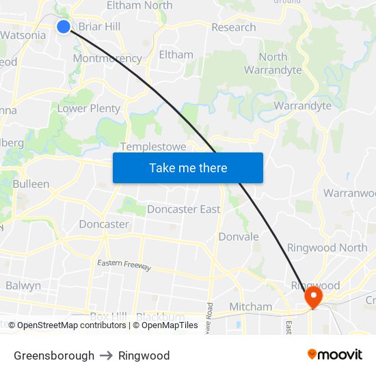 Greensborough to Ringwood map