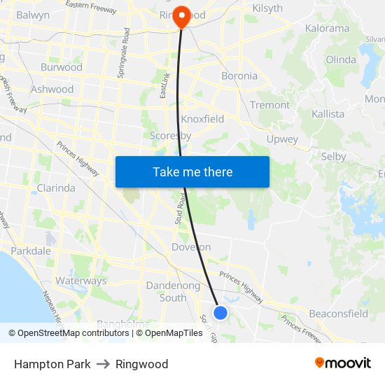 Hampton Park to Ringwood map