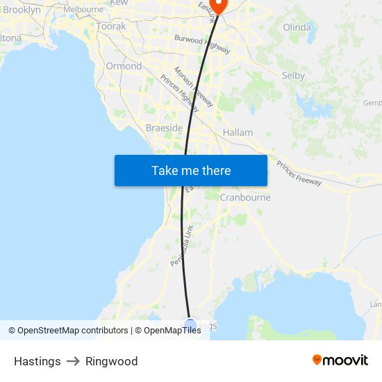 Hastings to Ringwood map