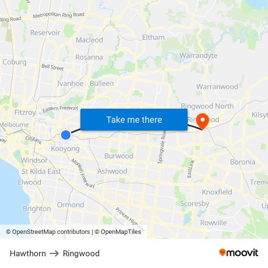 Hawthorn to Ringwood map