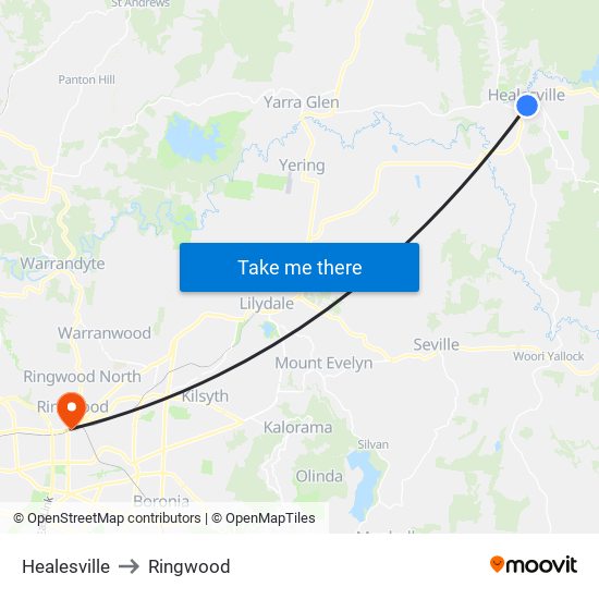 Healesville to Ringwood map