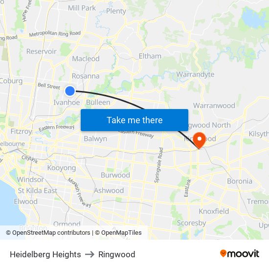 Heidelberg Heights to Ringwood map