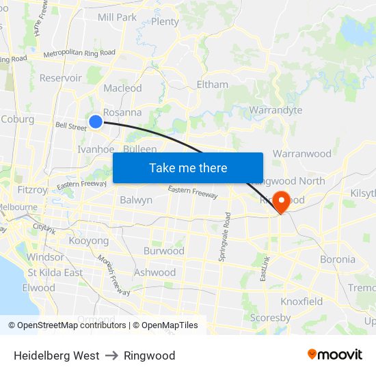 Heidelberg West to Ringwood map