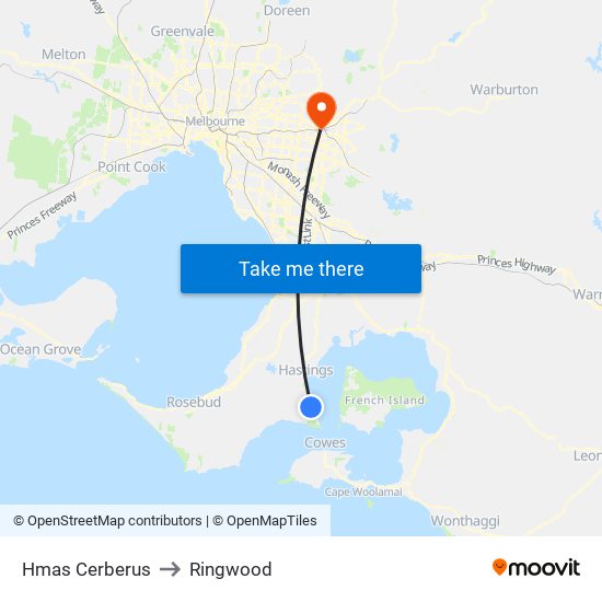 Hmas Cerberus to Ringwood map