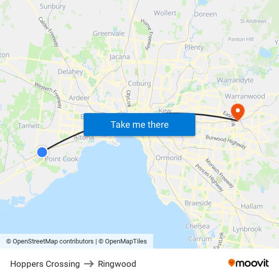 Hoppers Crossing to Ringwood map