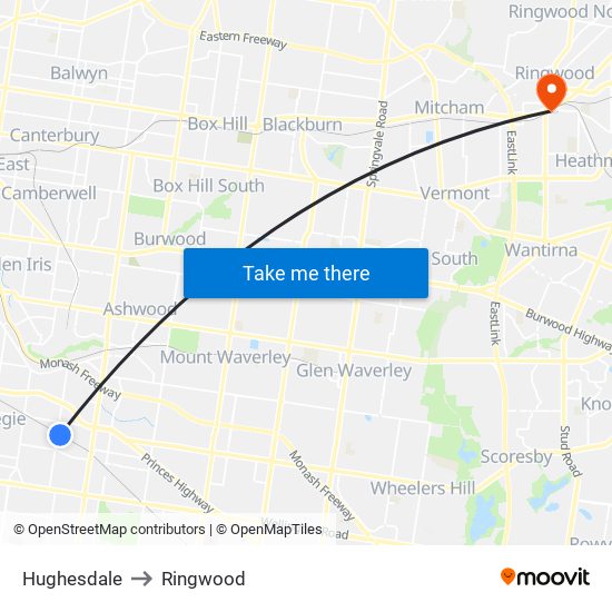 Hughesdale to Ringwood map