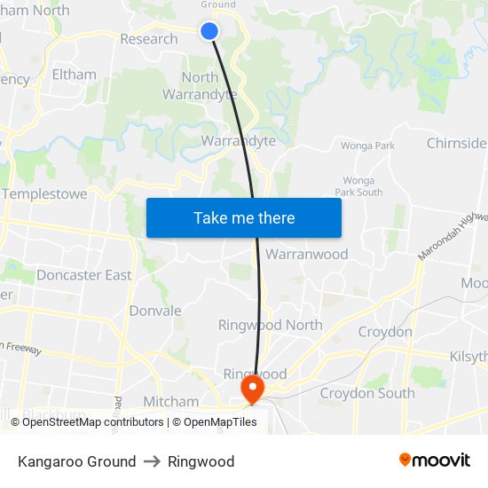 Kangaroo Ground to Ringwood map