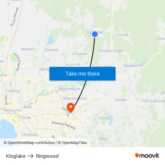 Kinglake to Ringwood map