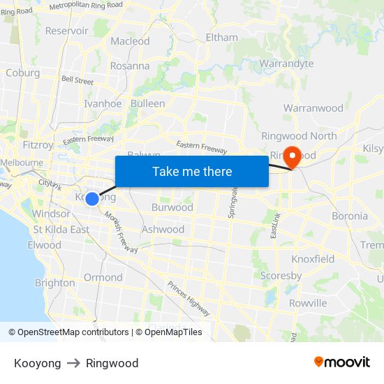 Kooyong to Ringwood map