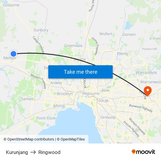 Kurunjang to Ringwood map