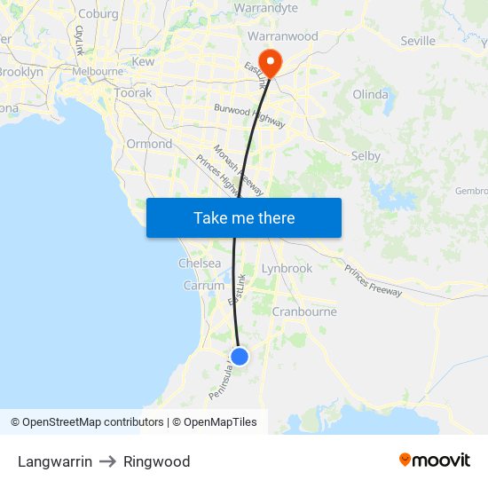 Langwarrin to Ringwood map