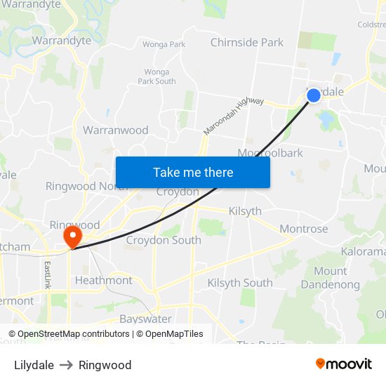 Lilydale to Ringwood map
