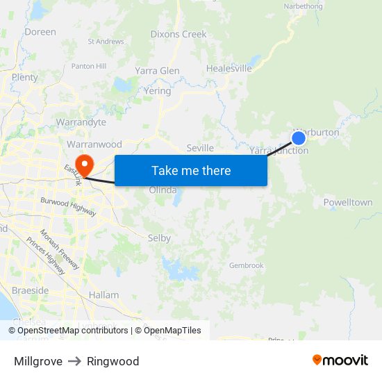 Millgrove to Ringwood map