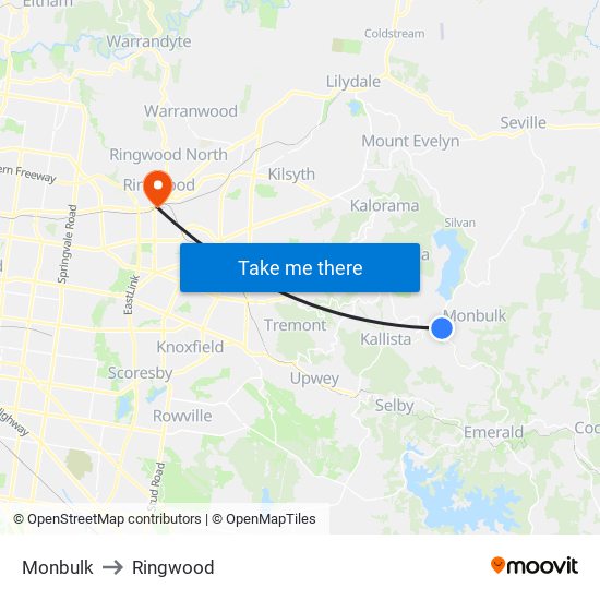 Monbulk to Ringwood map
