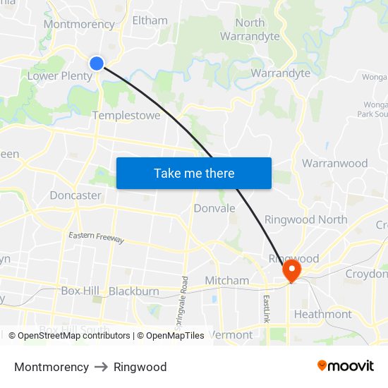 Montmorency to Ringwood map
