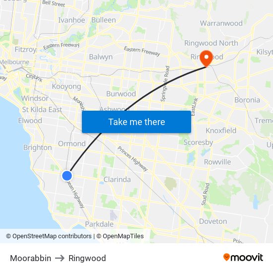 Moorabbin to Ringwood map